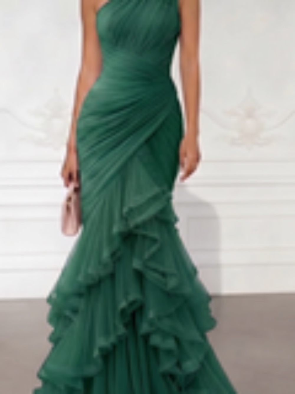 One-Shoulder Draped Tulle Mermaid Gown Maxi Dress